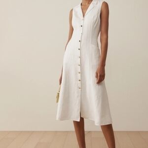 Reformation Sleeveless Linen Button-Front White Midi Dress